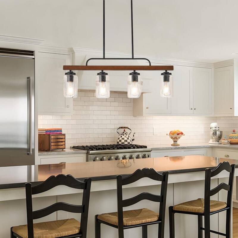 4 Light light fixture black, wood dining light metal, wood pendant light