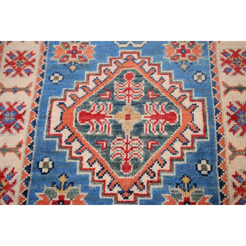 Blue Kazak Oriental Accent Rug Hand-Knotted Wool Carpet - 2'0" x 3'1"