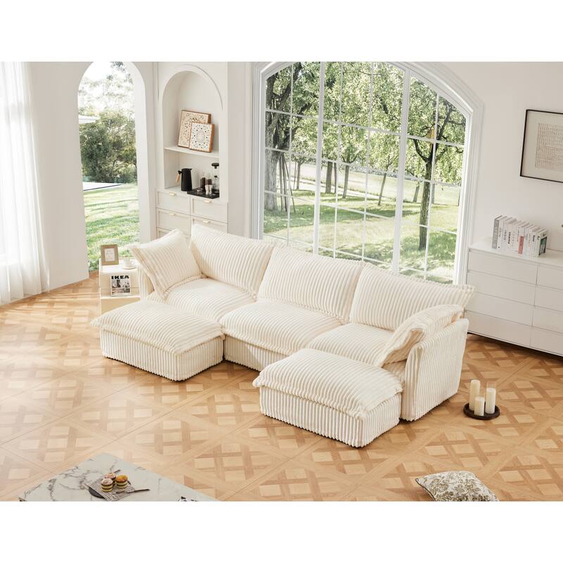 Slipcovered U-Shape 3-Seater Corduroy Sectional Deep Seat Sofa Couch - Cream