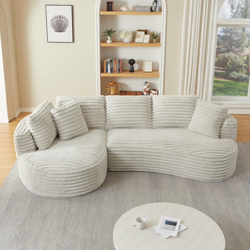 Minimalist Comfy Deep Seat Curved L-shaped Sectional Sofa with Chaise Lounge Corduroy Sleeper Couch with Pillows for Living Room