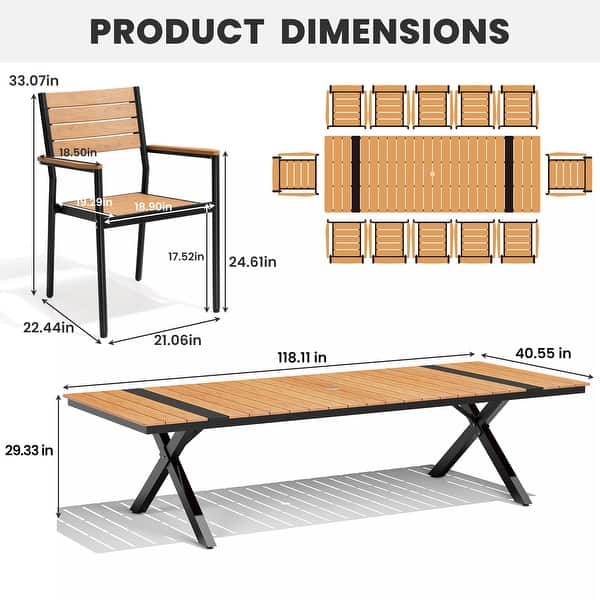 dimension image slide 1 of 4, 11/13-Piece Outdoor All-Weather Patio Dining Set Aluminum Rectangular Table with Umbrella Hole and Stackable Chairs