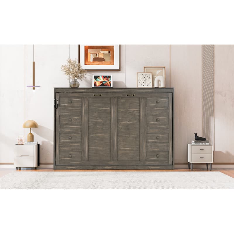 Roomfitters Full/Queen Size Murphy Bed with Desk, LED Light and Hydraulic Lift, Cabinet Design