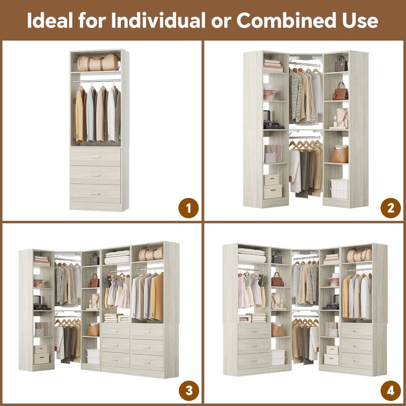 Corner Closet System with 6 Drawers & 4 Hanging Rods,Set of 3,Reversible Walk-in Closet Organizer System with Adjustable Shelves