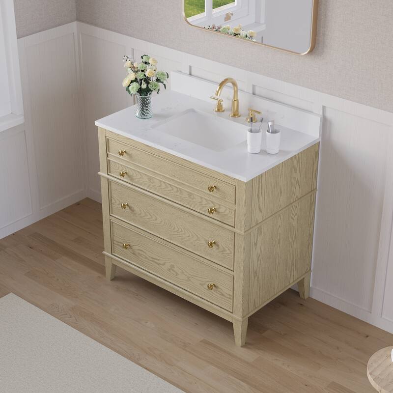 35''H Solid Wood Bathroom Vanity with Carrera White Quartz Top,Drawers And Single Sink