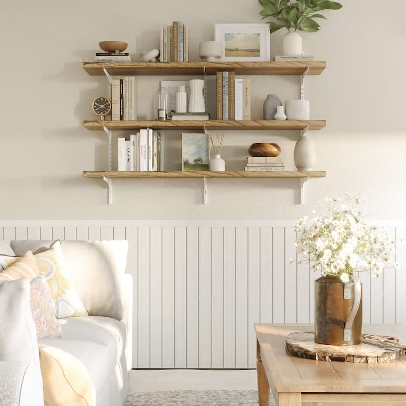 Wallniture Turin 54" Floating Adjustable Shelf, Wall Mounted Shelves with Tier Options, Living Room Shelves, Rustic & Boho Decor - 3 Boards - 3 Tier