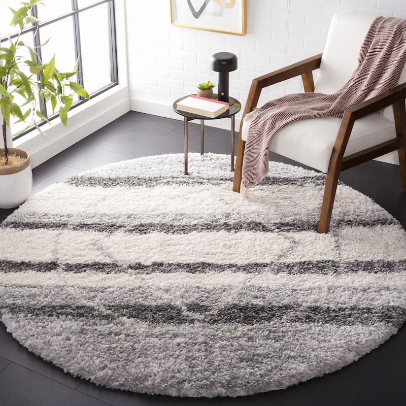 SAFAVIEH Fontana Shag Ilaha Modern 2-inch Thick Rug - 6'7" Round - Ivory/Grey