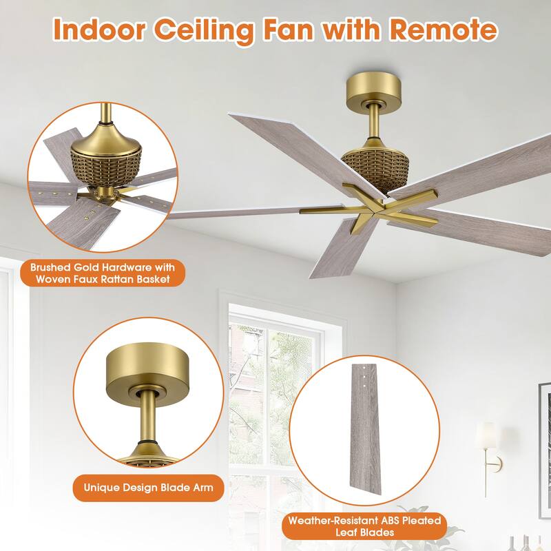 52" Weathered Grey Oak Plywood 5-Blade Indoor Ceiling Fan with Remote and No Light