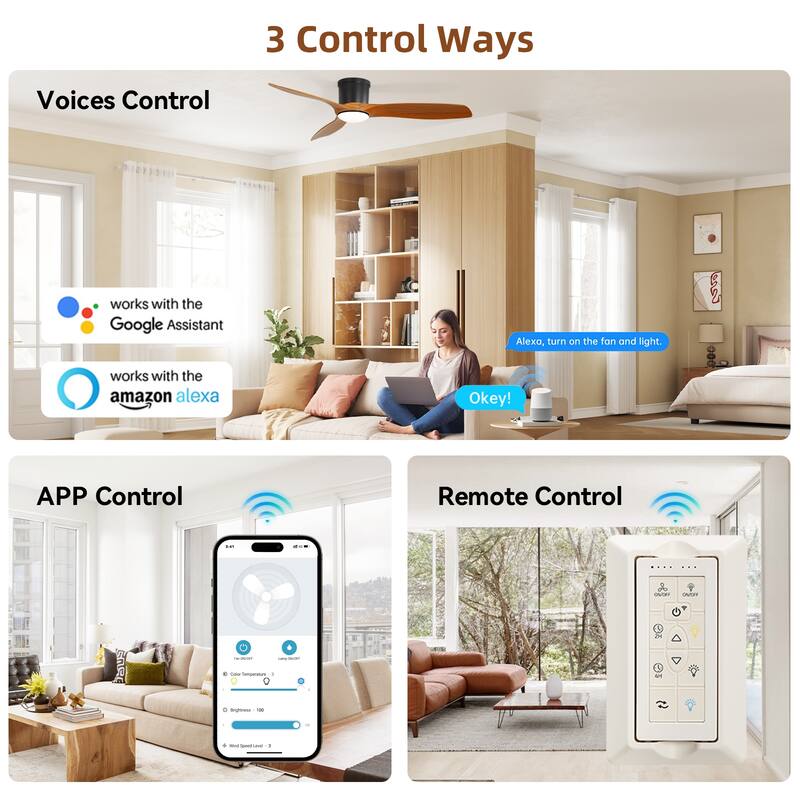 52in Smart Low Profile Ceiling Fans with Lights Remote Quiet DC Motor Control with WIFI Alexa App - 52