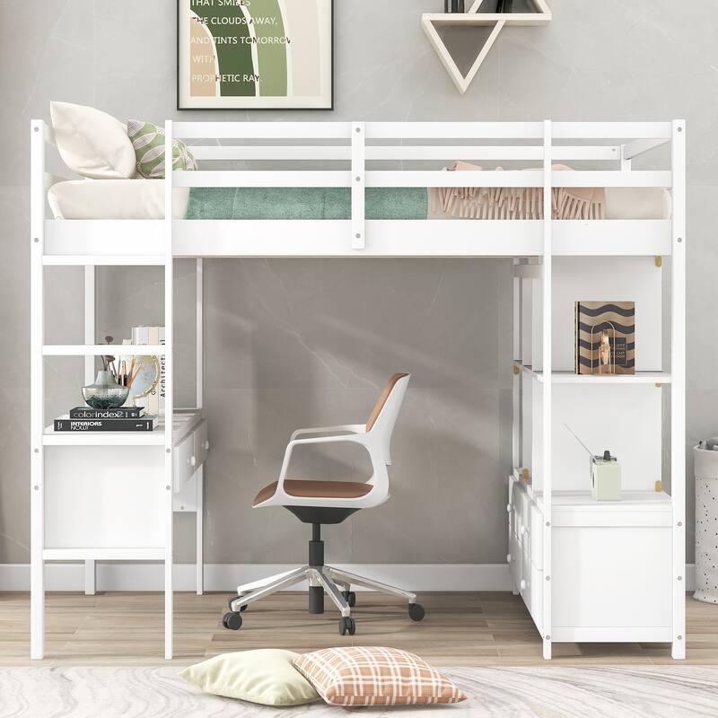 Full-Size Loft Bed with Desk, Drawers & Storage Shelves - Space-Saving Design