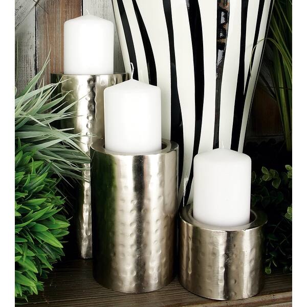 3 URBAN ABSTRACT METALLIC SILVER COIL PILLAR CANDLE HOLDERS AGED WHITE CANDLES