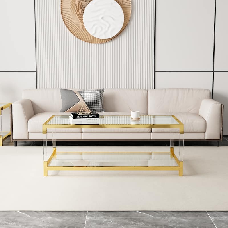 Modern minimalist style gold metal frame with acrylic leg coffee table - Golden,Transparent