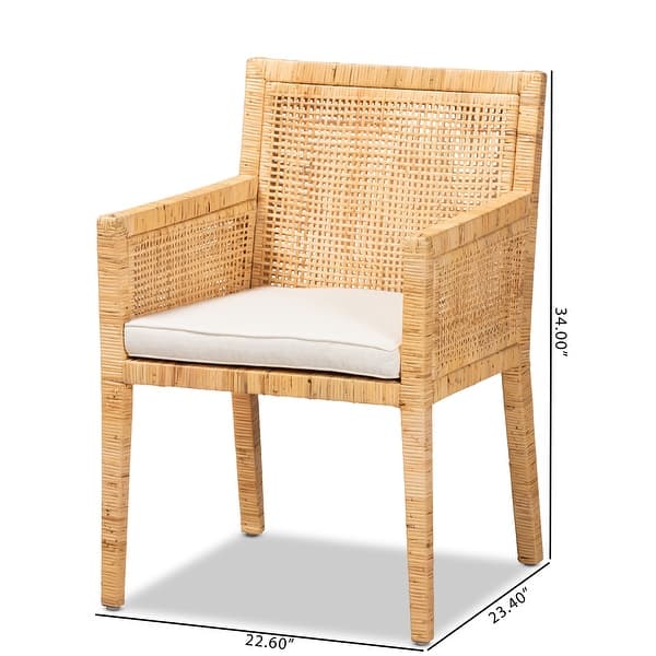 dimension image slide 1 of 3, Karis Rattan Dining Chair - Handwoven Wicker Armchair with Mahogany Wood, Coastal Boho Style Indoor Seating