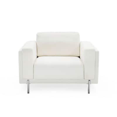 44 Inch Chair, Tuxedo Square Arms, Metal Legs, Off White Fabric Upholstery