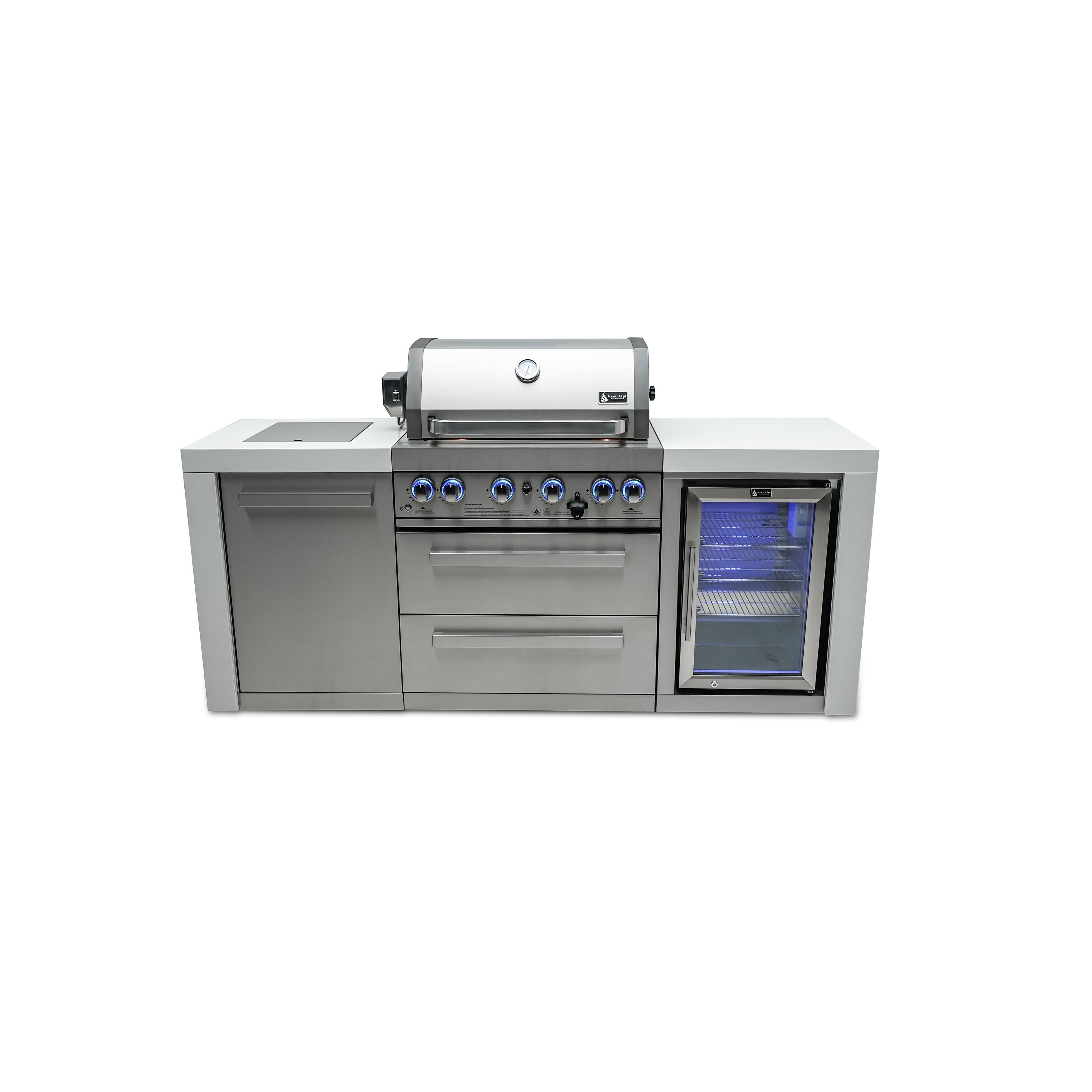 Mont Alpi Premium 82"W x 23"D Deluxe Stainless Steel Modular Outdoor Kitchen Island with Refrigerator + 32"W 4-Burner BBQ Grill