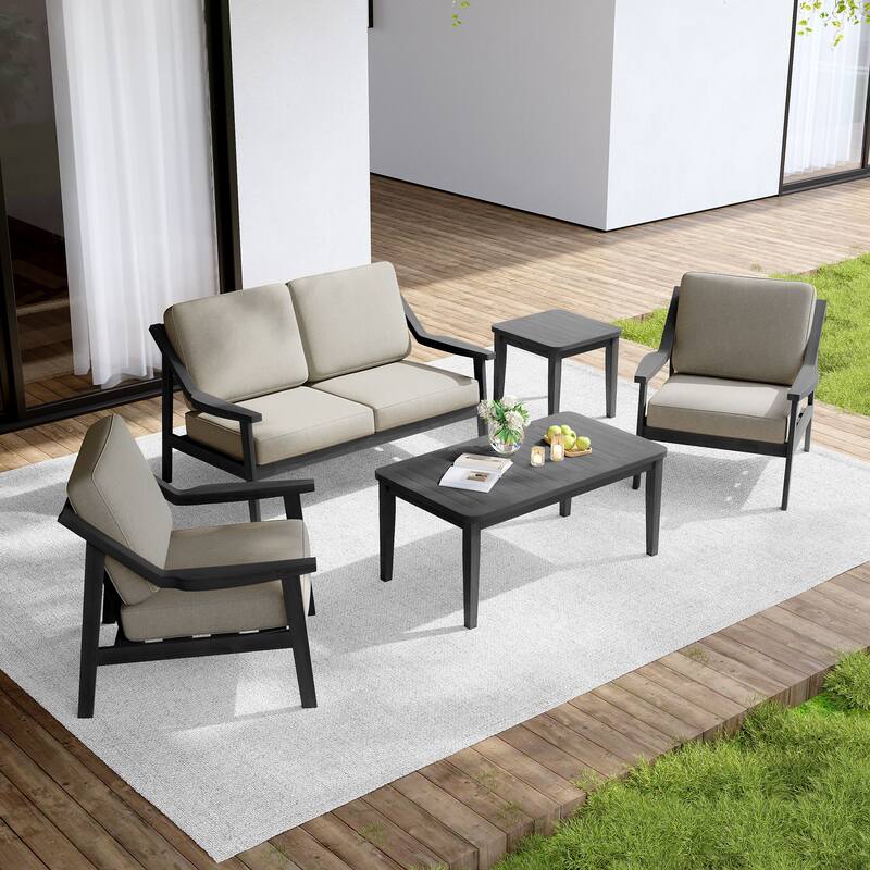 Outdoor Conversation Set Patio Cushioned Chair, Loveseat with Tables - Dark Wood - Light Camel