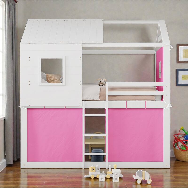 Twin/Full Wood House Bunk Bed with Tent, Playhouse Design, Windows & Roof, Solid Wood Frame, No Box Spring Required