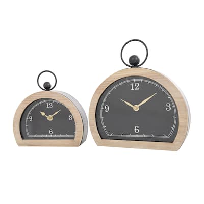 Wooden Semicircle Decorative Clock with Brown Wooden Frame and Ring Handle - Set of 2 Black - Roche River Decor