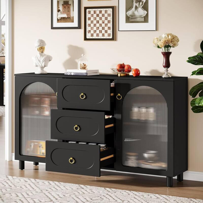 59" Large Buffet Cabinet with Storage, Wooden Storage Cabinet with 2 Acrylic Doors & 3 Drawers