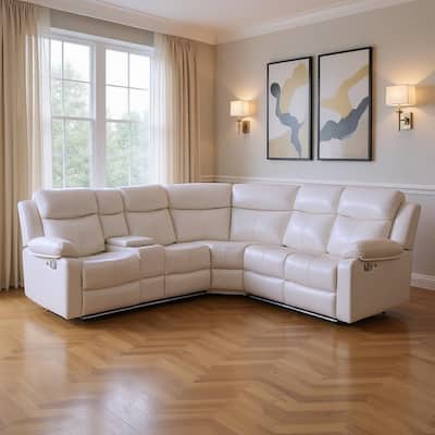 HomeRoots Off White Faux Leather Reclining Curved Six Piece Sectional With LED And Console