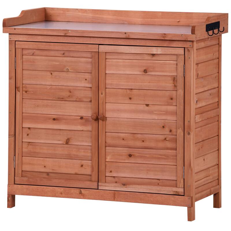 39" Potting Bench Table, Rustic Wood Workstation Storage Cabinet Garden Shed with 2-Tier Shelves and Side Hook