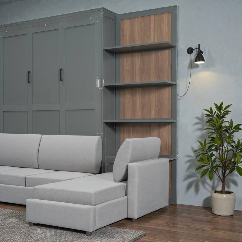 Queen Size Murphy Wall Bed with Sofa and Shelves, Space-Saving Fold Down Bed with Storage, Piston Lift Mechanism