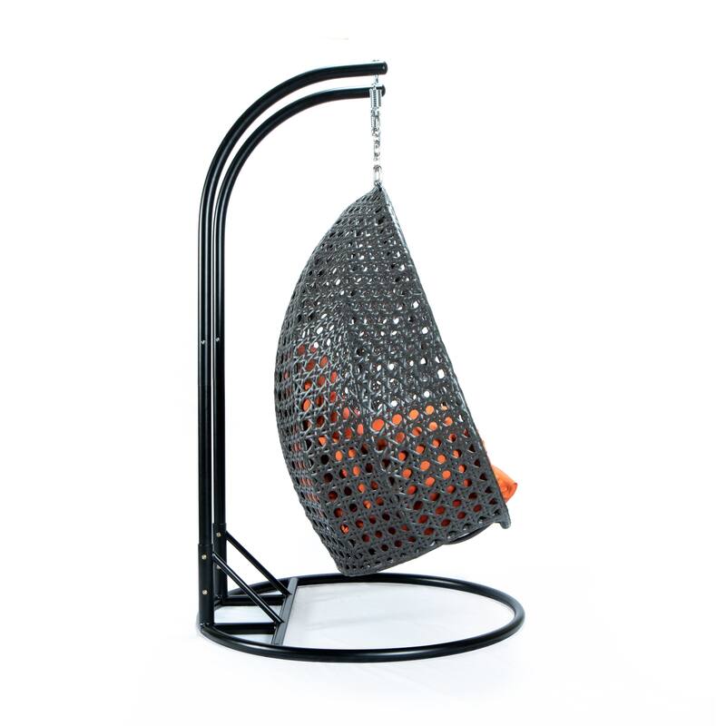 LeisureMod 2-Person Hanging Egg Swing Chair with Metal Stand - Handcrafted Charcoal Wicker, Patio Hammock Lounger with Cushions