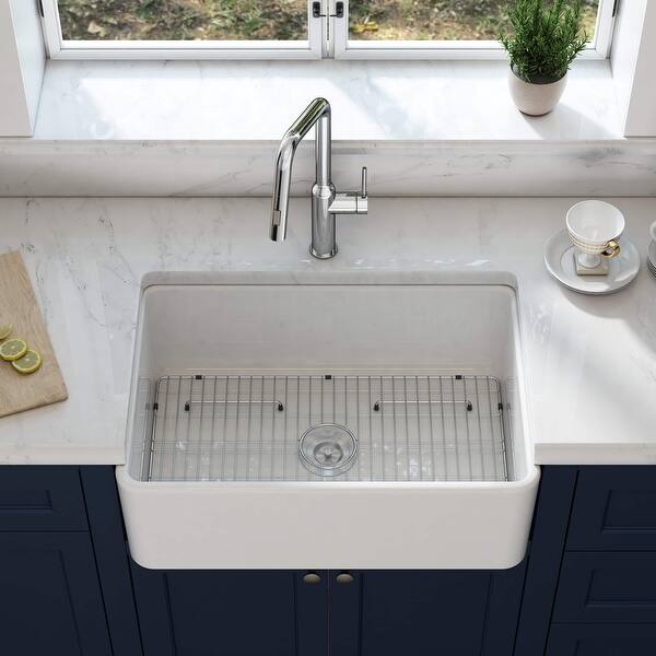 30 White Fireclay Farmhouse Undermount Kitchen Sink With Bottom Grid And Strainer Overstock 32824079