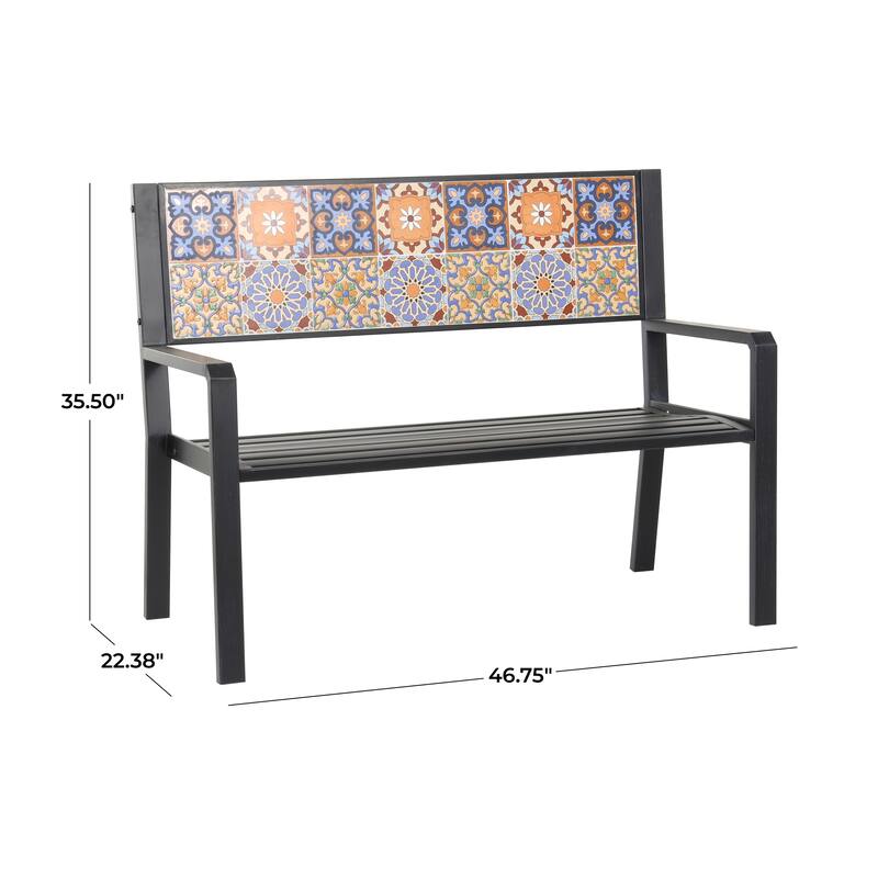 Black or White Metal Mosaic Floral and Scroll Outdoor Bench with Orange and Blue Patterns