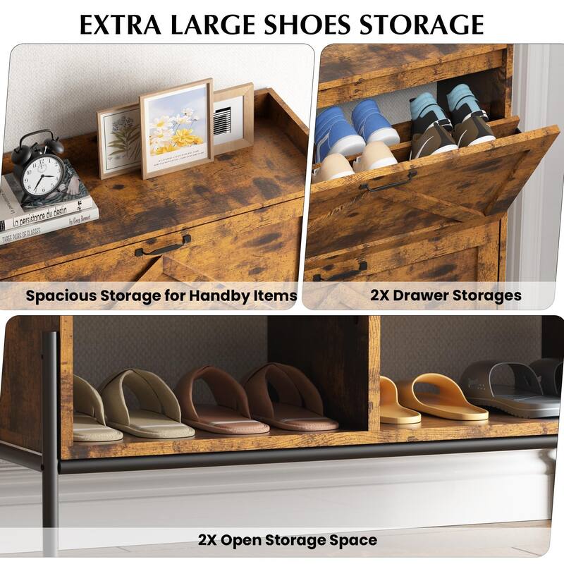 Shoe Cabinet with 2 Flip-Up Drawers, Hidden Shoe Storage Cabinet with Open Storage for Entryway, Hallway, Bedroom