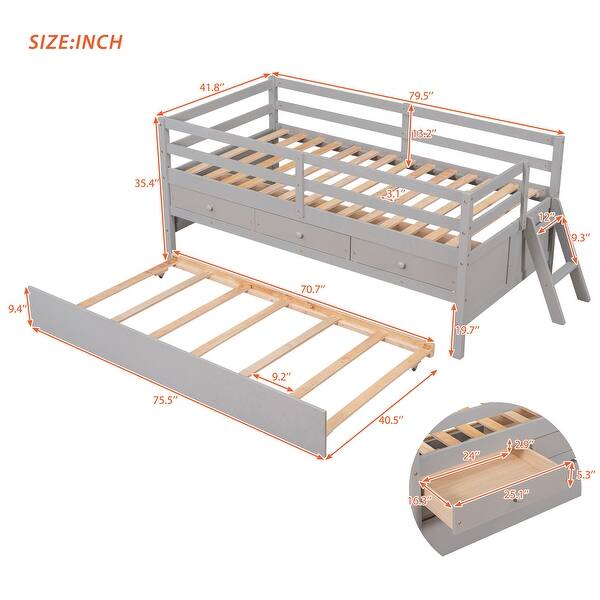 Gray Solid Pine Wood Low Loft Bed Twin Size with Full Safety Fence, Ladder, Drawers - Space-Saving