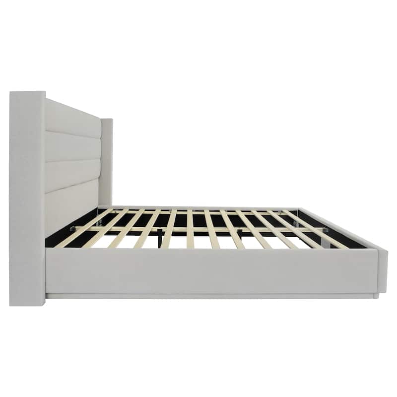 Greige Bed Frame Queen Size Platform Bed with Ambient Lighting on Footboard Side Rails, Linen Fabric Corner Wingback Bed