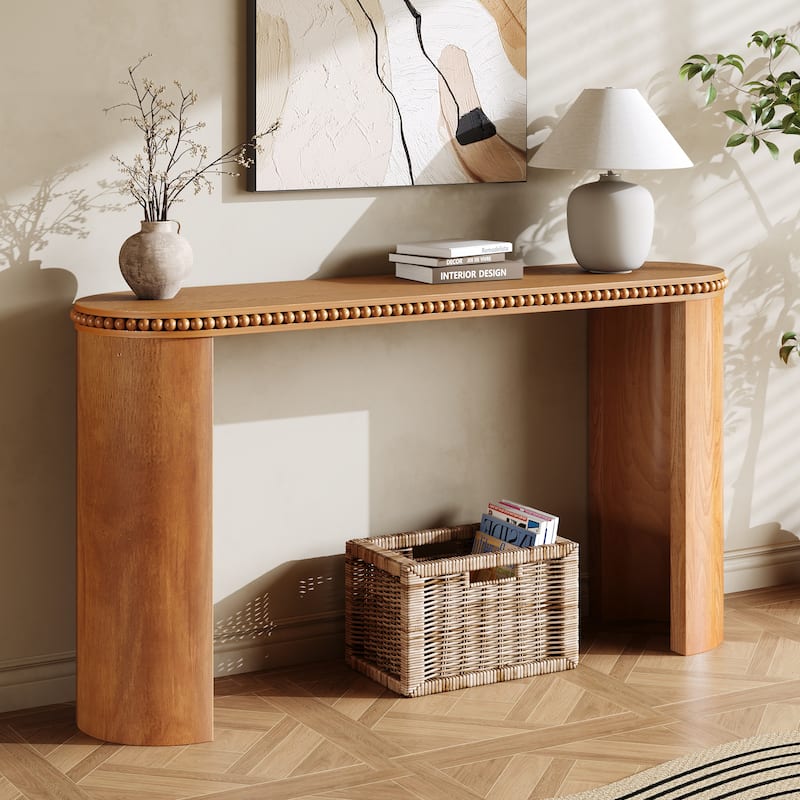 Entryway Console Table, 59.84" Modern Console Long Sofa Table, Farmhouse Hallway Table with Beaded Trim, Reversible Curved Legs - Brown
