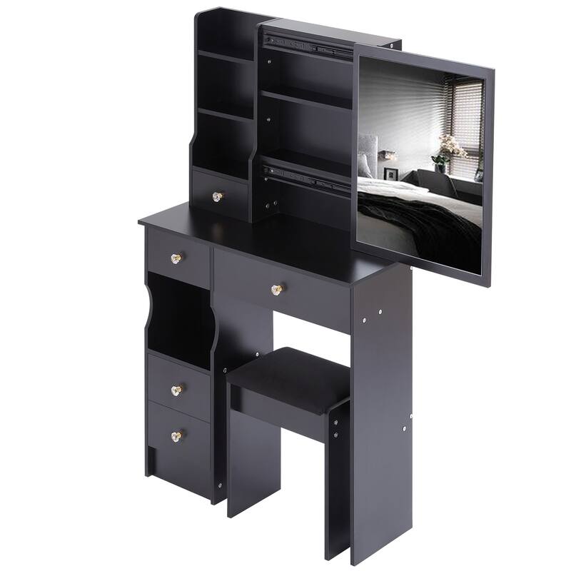 Vanity Desk with Sliding Mirror, Makeup Table with Drawer and Multi Layer Storage Rack, Vanity Set with Cushioned Stool