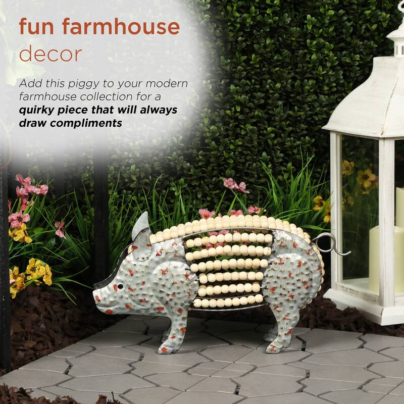 Metal Pig with Hollow Head and Wooden Beaded Body Decor