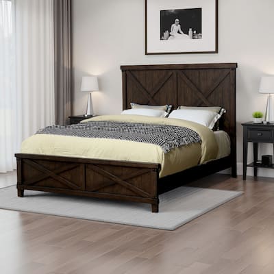 Rustic Wooden Eastern King Size Bed with Barn Style, Walnut Brown