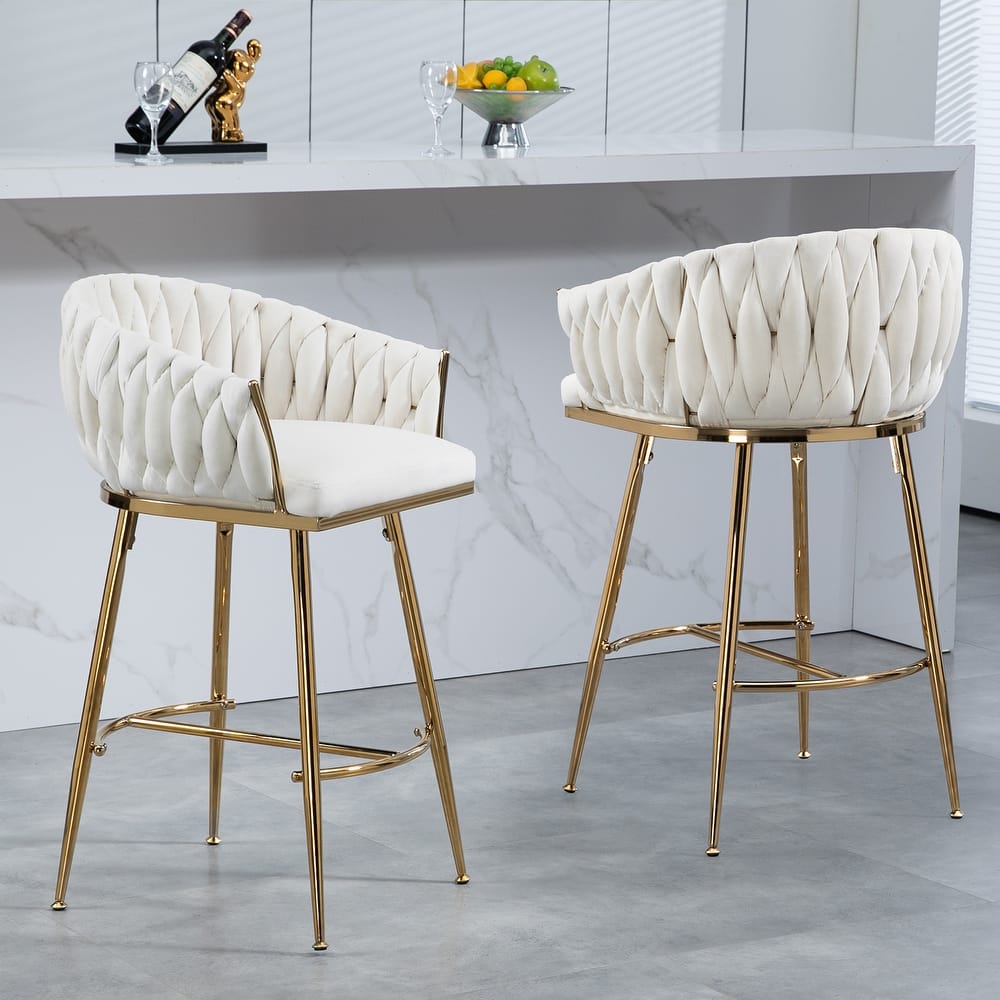 Velvet Bar Stools Set of 2, Arm Chairs with Hand Made Wave-Shaped Back, Kitchen Island Chairs with Toothpick Leg and Footrest