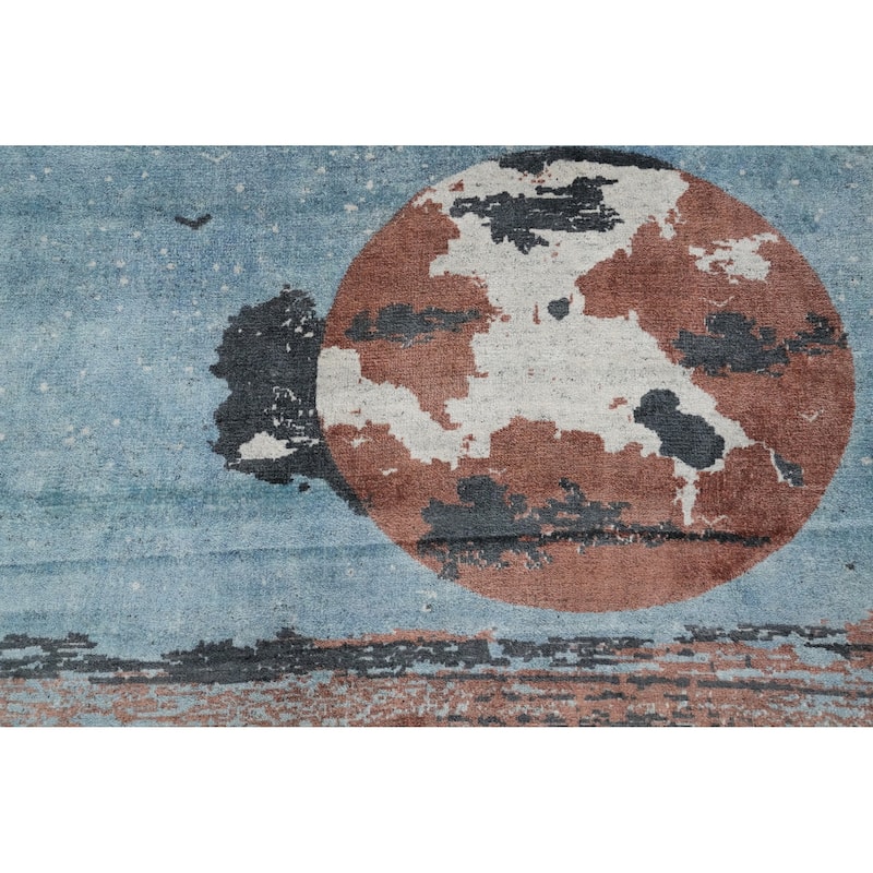Hand Knotted Oriental Viscose Silk Carpet Modern Pictorial Navy Blue & Blues Abstract Area Rug - 7' 5'' X 5' 6''