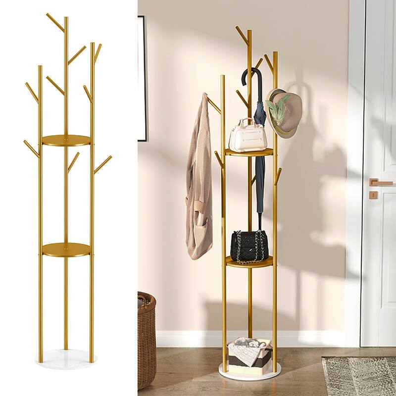 Marble Base Freestanding Clothes Hanging Rack Stand with Storage Shelf - Golden and White