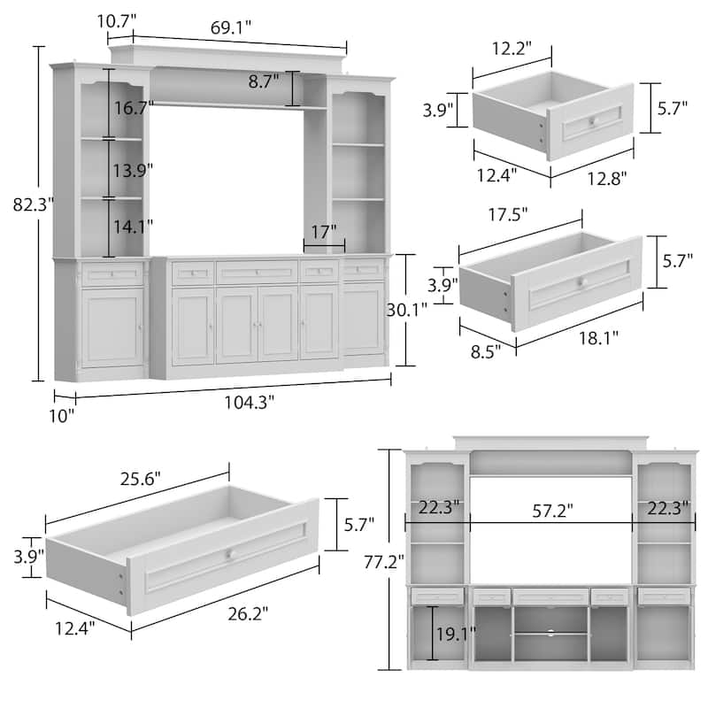 Media Wall Unit w/Spacious Storage White TV Stand Wall Storage Combo