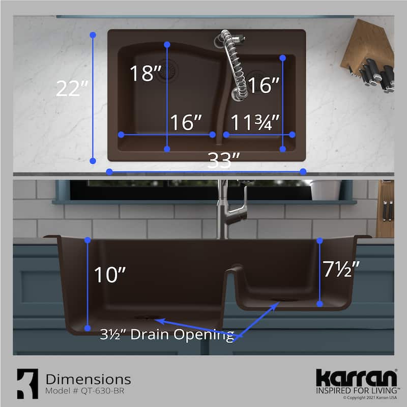 Karran Drop-In Quartz 33 in. 1-Hole 60/40 Double Bowl Sink - 33" x 22" x 10" - 33" x 22" x 10"