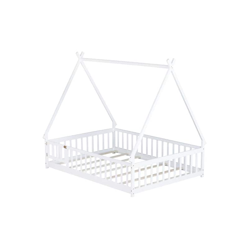 Roomfitters Twin/Full Tent-Shaped Floor Bed with Teepee Frame, Rubber Wood Platform with Guardrails, Slats and Door