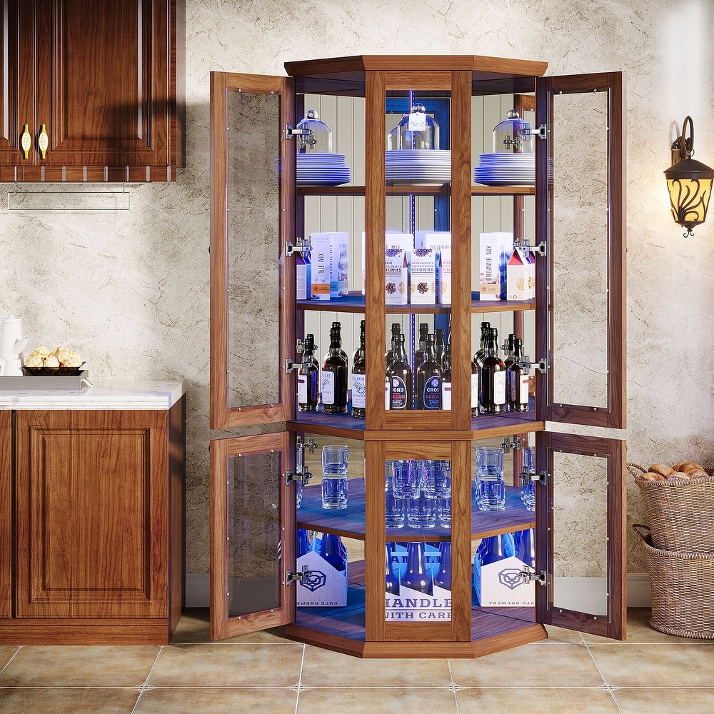 5 Ties Wine Cabinet with Doors & LED Lights, Brown - 23.62" W x 23.62" D x 70.8" H