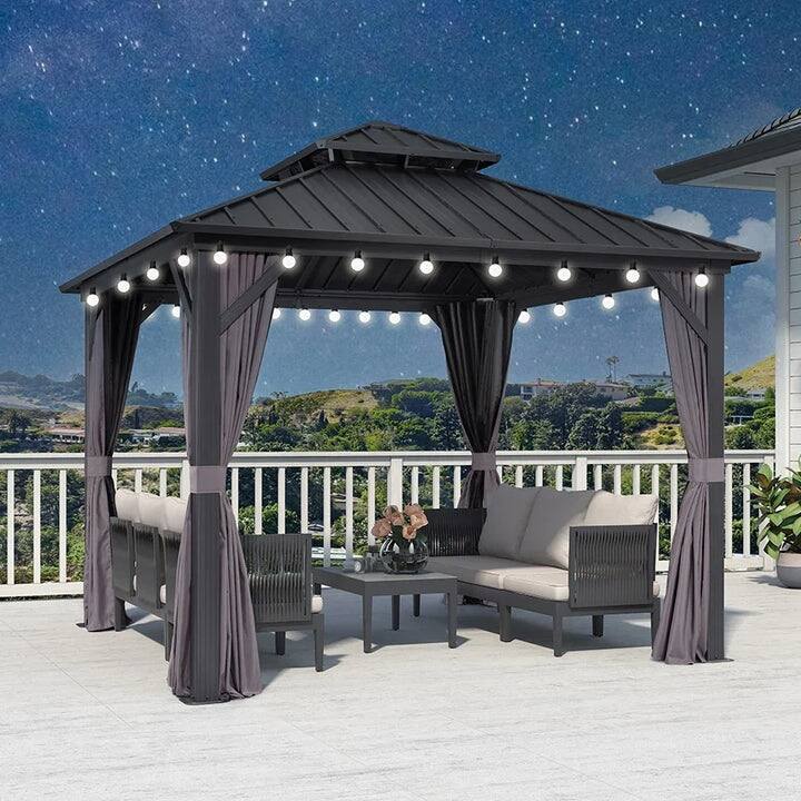 PURPLE LEAF Outdoor Galvanized Steel Hardtop Gazebo, Aluminum Frame Gazebo With Curtains - 10' x 10'(Hot Sale) - Gazebos(With Ligths)