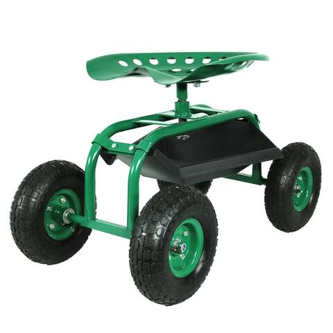 Rolling Garden Cart with 360-Degree Swivel Seat & Tool Tray - Green