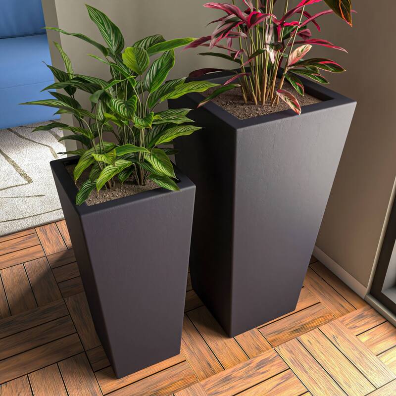 Orna 2-Piece Fiberstone and MGO Clay Tapered Square Planter Set with Drainage for Home Garden Office Patio Porch Decor