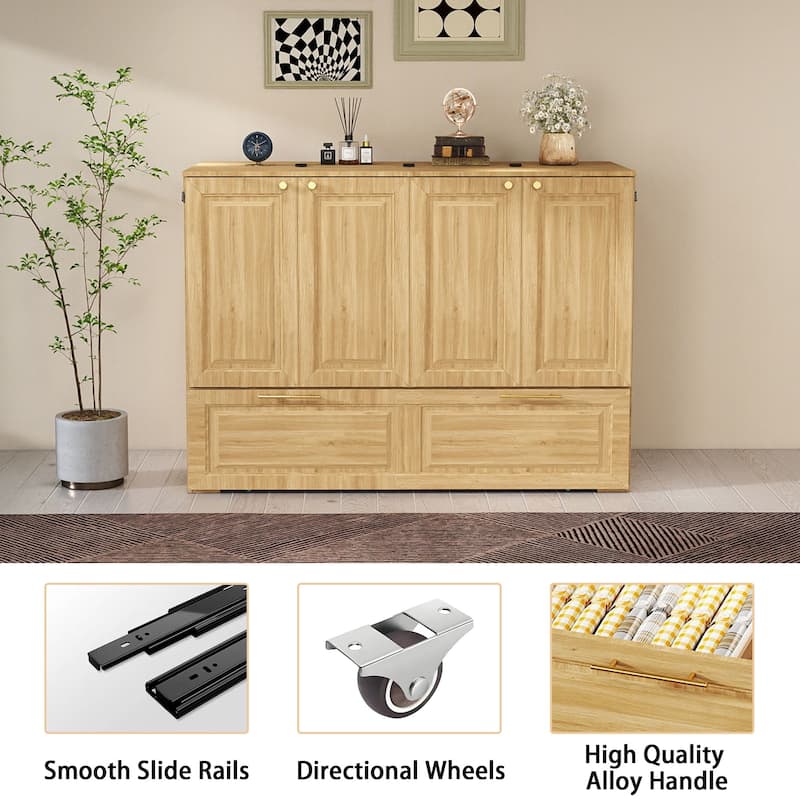 Murphy Bed Cabinet with Charging Port and Storage Drawer, White