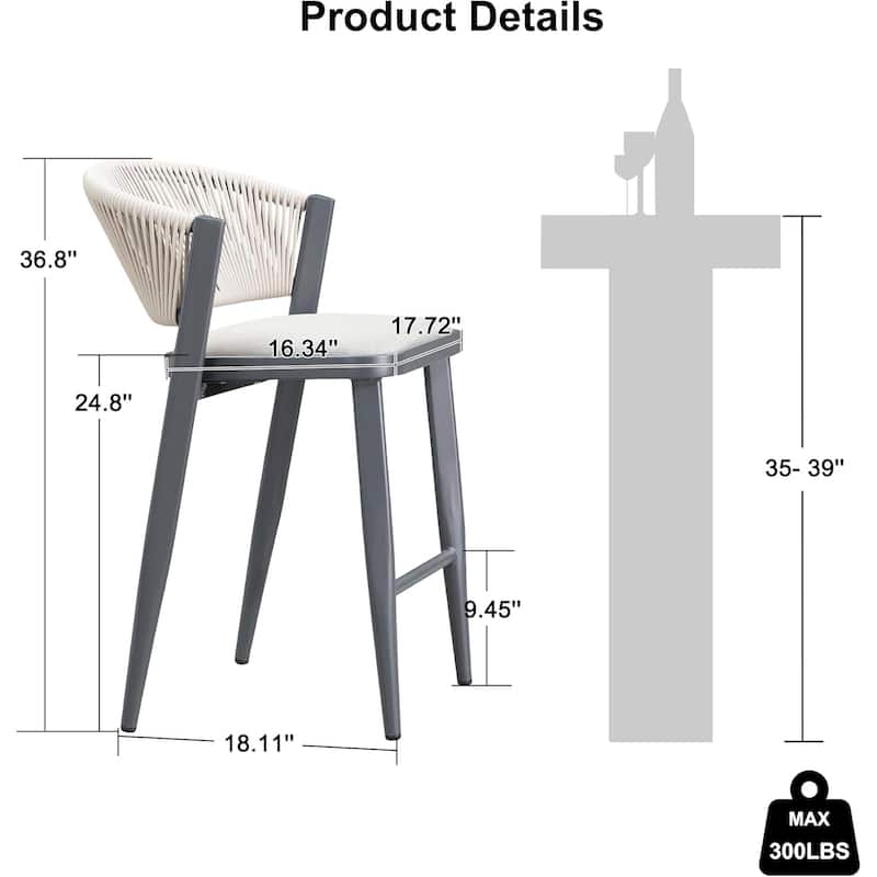 PURPLE LEAF Bar Stool Set of 2 Outdoor Rattan Bar Chair with Back Metal Bar Height Stool Wicker Barstool Dark Grey - N/A