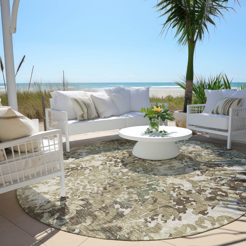 Machine Washable Indoor/ Outdoor Chantille Abstract Damask Rug - Brown - 8' x 8'