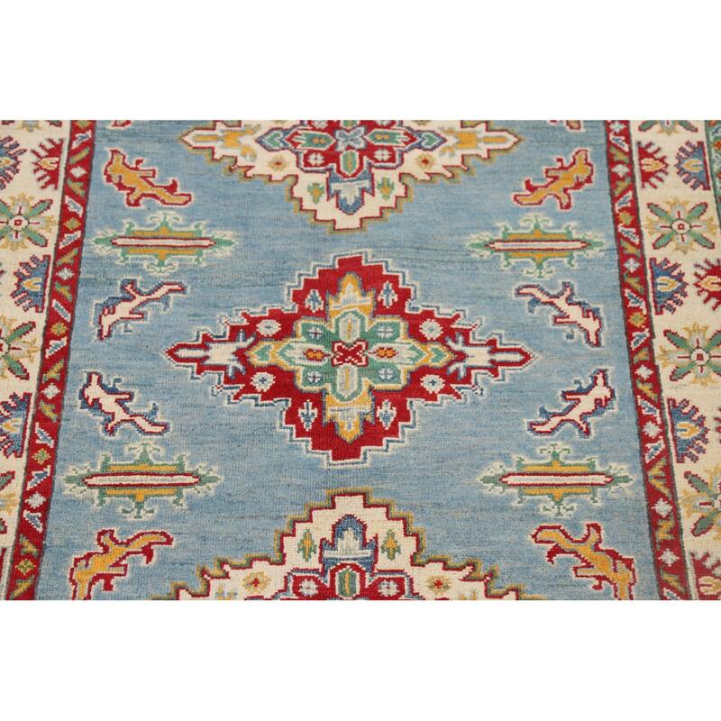 Light Blue Medallion Kazak Oriental Rug Hand-Knotted Wool Carpet - 3'5" x 4'10"