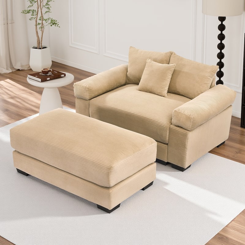 Oversized Chaise Lounge Corduroy Chair Indoor Single Sofa with Ottoman for Living Room Bedroom